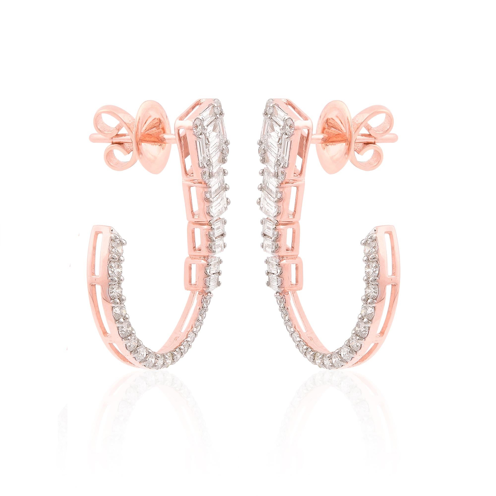 Women's Natural SI/H Octagon & Baguette Diamond Hoop Earrings 18 Karat Rose Gold Jewelry For Sale