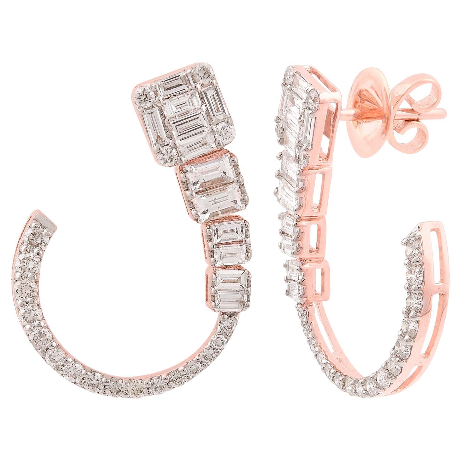 Natural SI/H Octagon & Baguette Diamond Hoop Earrings 18 Karat Rose Gold Jewelry For Sale
