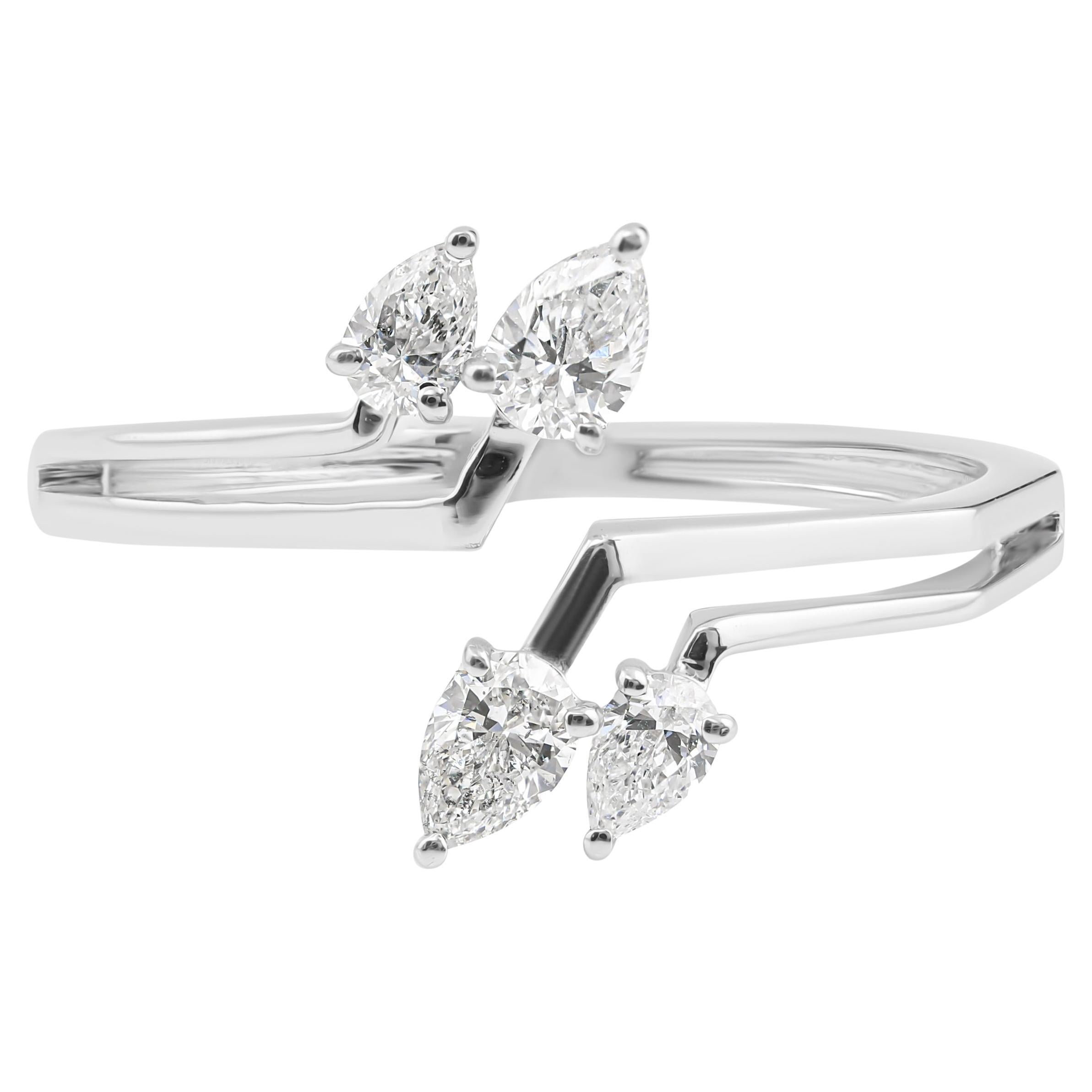 Natural SI/H Pear Cut Diamond Open Cuff Bridal Ring 18 Karat White Gold
