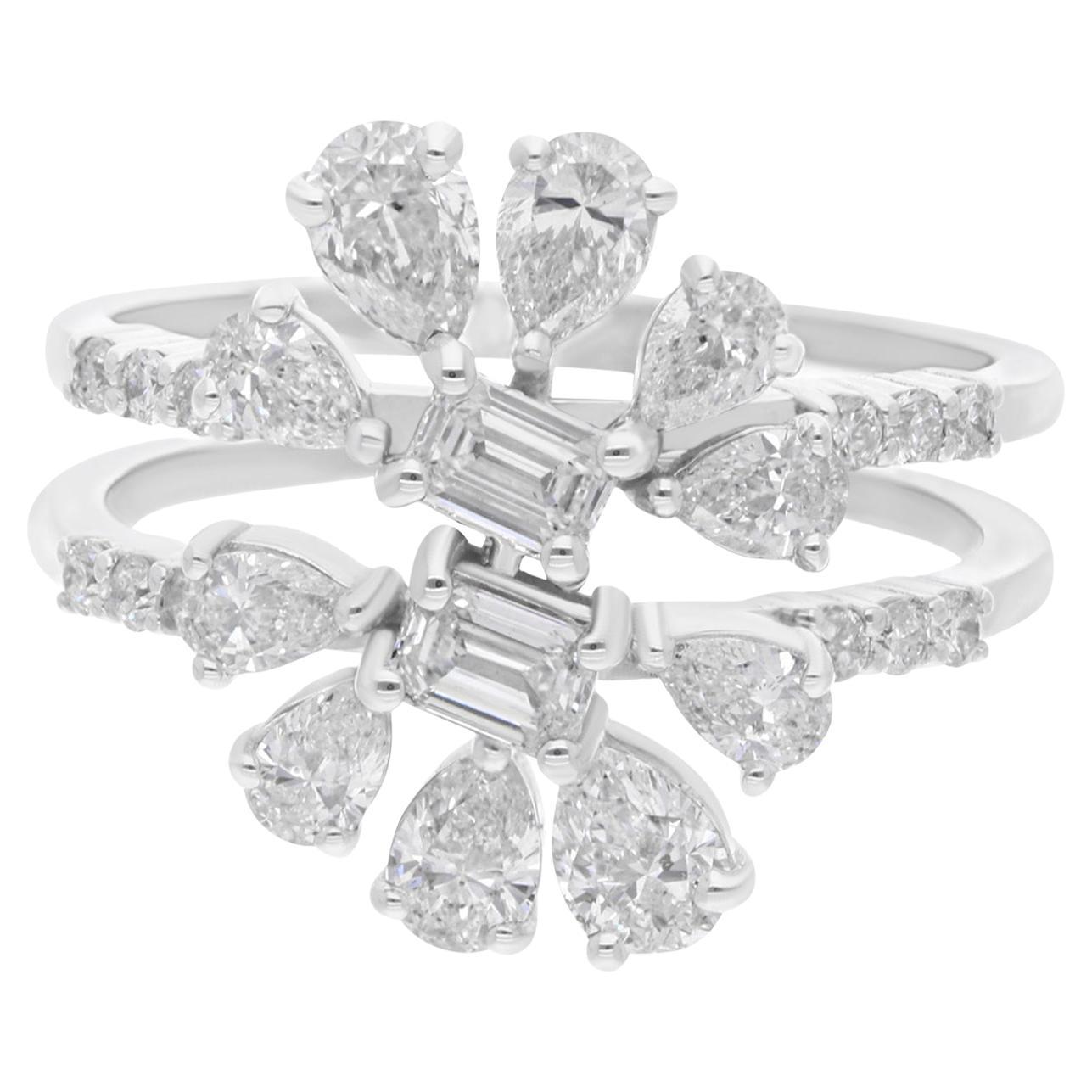 Bague en or blanc 14 carats, diamants naturels de 1,65 carat, émeraude et diamant en forme de poire