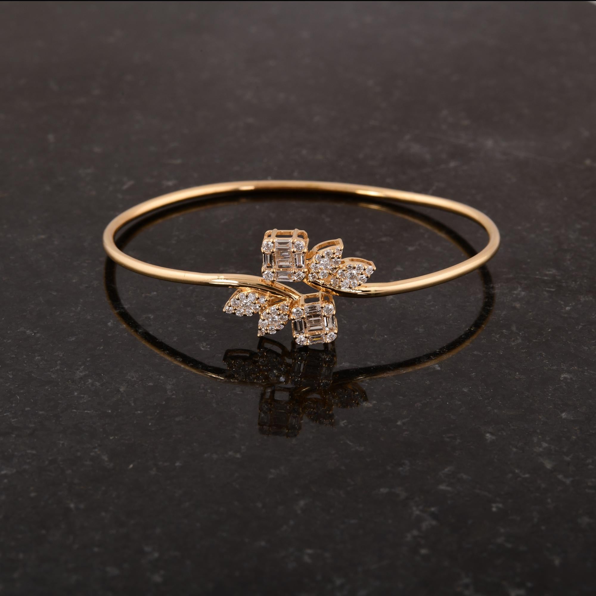 Bracelet manchette en or jaune 14 carats avec diamants baguettes naturels SI/HI Pour femmes en vente