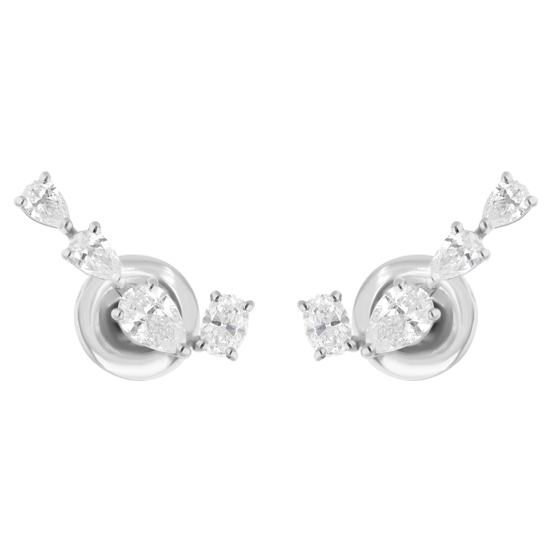 Natural SI/HI Pear & Oval Diamond Ear Climber Earrings 18k White Gold 0.83 Ct
