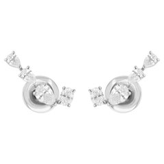 Natural SI/HI Pear & Oval Diamond Ear Climber Earrings 18k White Gold 0.83 Ct