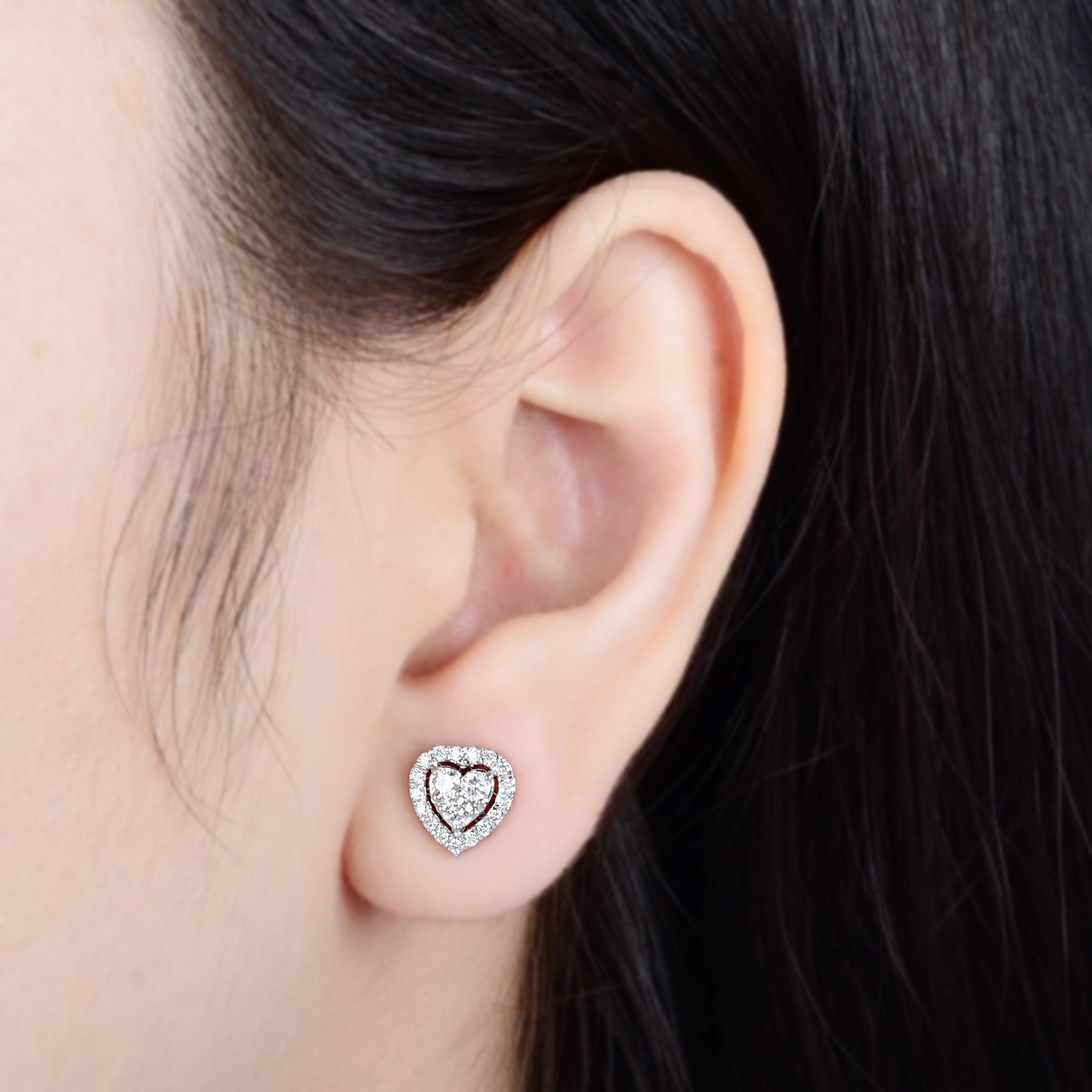 Moderne Boucles d'oreilles cœur en diamant rond naturel SI/HI en or blanc 10 carats Bijoux fins en vente
