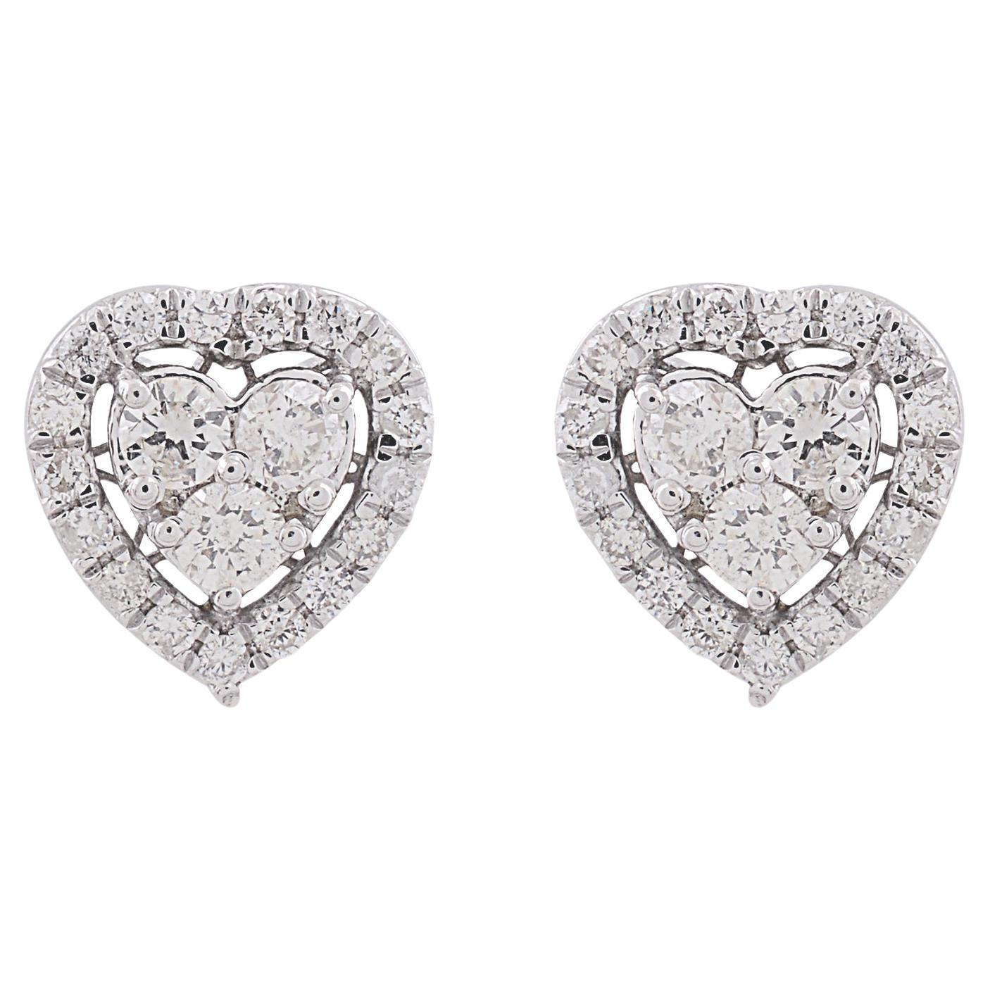 Boucles d'oreilles cœur en diamant rond naturel SI/HI en or blanc 10 carats Bijoux fins en vente