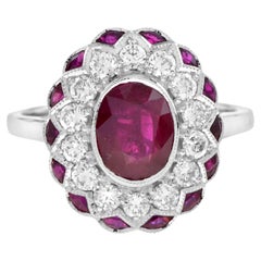 Natural Siamese Ruby and Diamond Flower Halo Ring in 18K White Gold