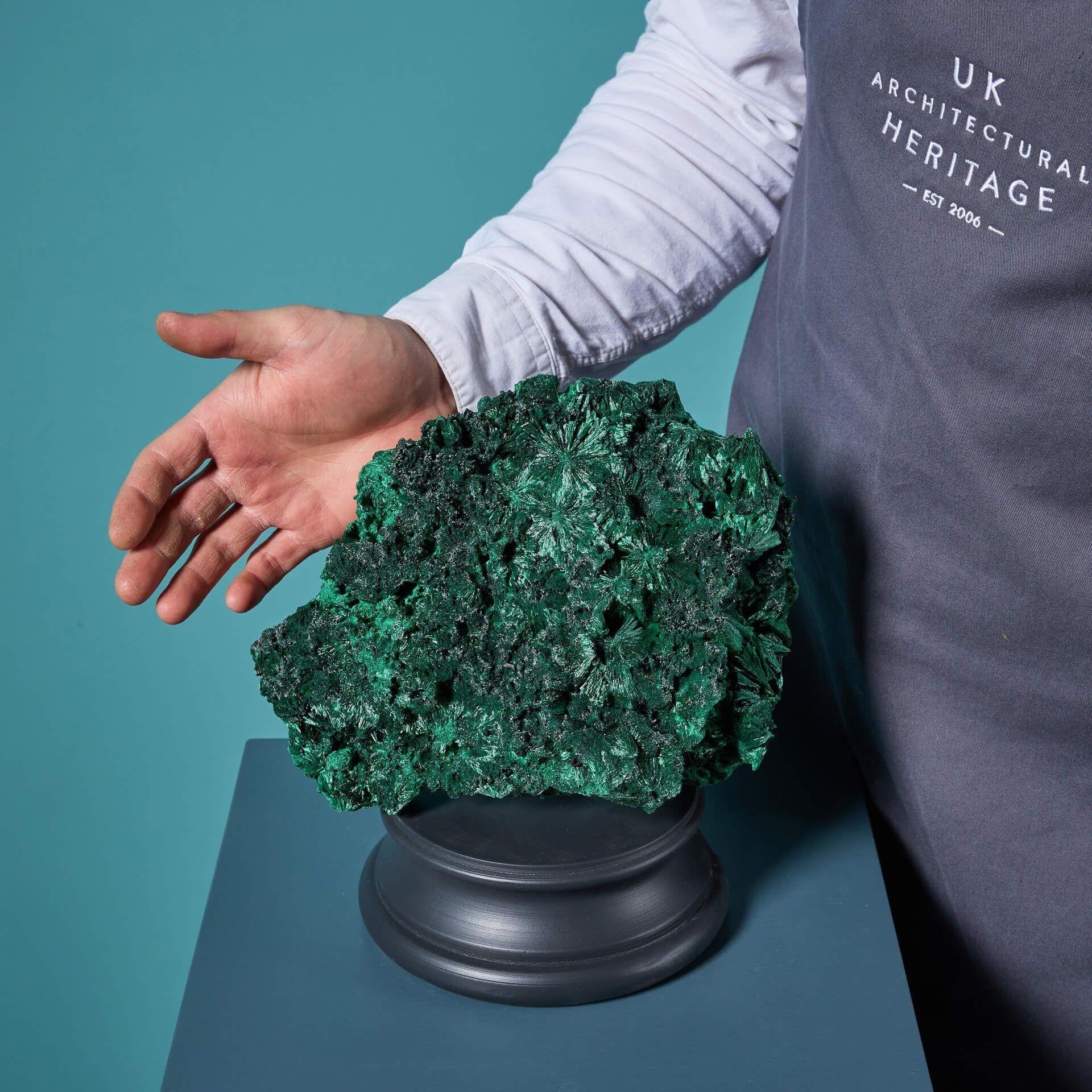 A large cabinet example of a silky fibrous malachite specimen sourced from Congo, presented on a bespoke medium base for interior display.

Malachite is known for its vivid natural green colour, the silky fibrous variety showcasing stunning acicular