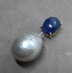 Natural Silver Color Baroque Pearl Blue Sapphire Cab 14k White Gold Pendant