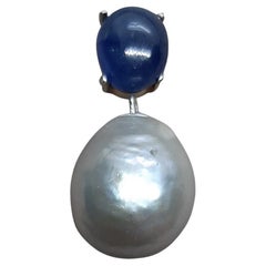 Natürliche Silber Farbe Barock Perle Blau Saphir Cab 14k Weißgold Anhänger