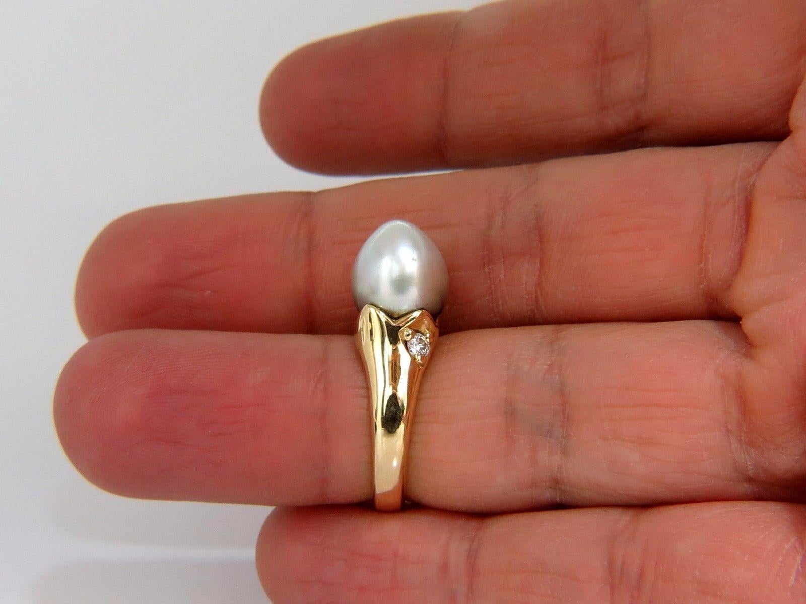 Natural Silver Tahitian Pearl Diamonds Ring 14 Karat Egg Shaped 1