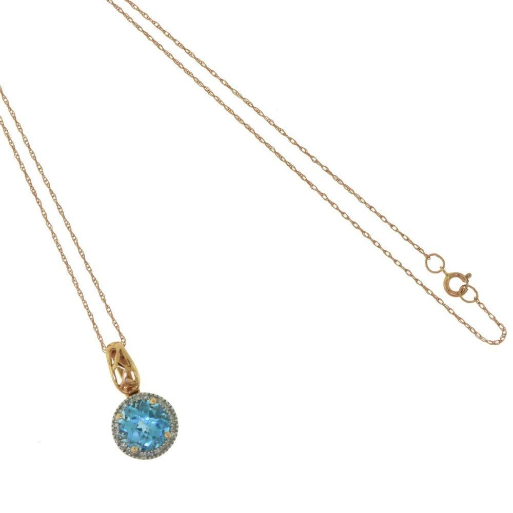 Natural Sky Blue Topaz Diamond Halo Rose Gold Pendant Necklace In Good Condition In Miami, FL