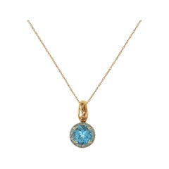 Natural Sky Blue Topaz Diamond Halo Rose Gold Pendant Necklace