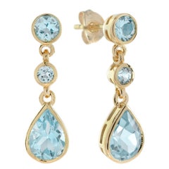 Pendientes de gota estilo vintage de topacio azul celeste natural en oro amarillo de 14 quilates