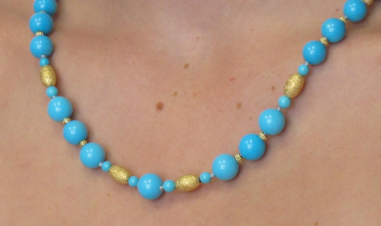 Turquoise from the Sleeping Beauty Mine is the best quality turquoise you can buy. This beautiful turquoise strand is quite rare and its' robin's-egg-blue color speaks for itself. The necklace is completed by the tasteful addition of 14K yellow gold
