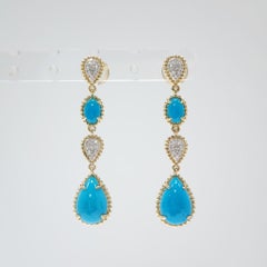 Natural Sleeping Beauty Turquoise & Diamond Drop Earrings in 14K Yellow Gold