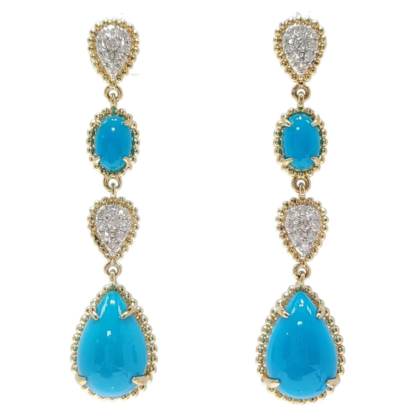 Natural Sleeping Beauty Turquoise & Diamond Drop Earrings in 14K Yellow Gold