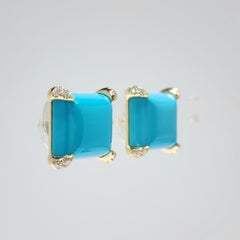 Natural Sleeping Beauty Turquoise & Diamond Square Stud Earrings 14K Gold