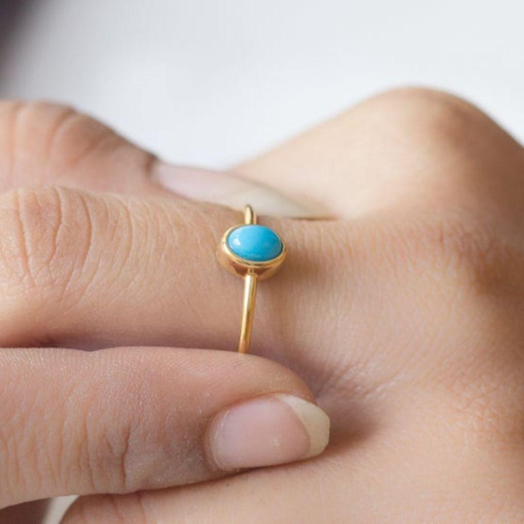 Artisan Natural Sleeping Beauty Turquoise Gold Ring, Oval Gemstone Gold Ring For Sale