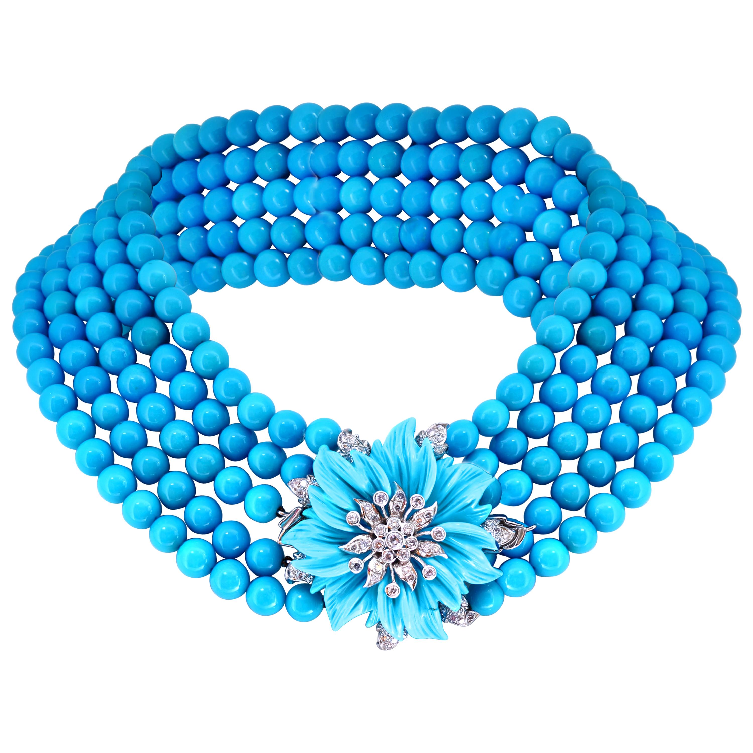 Natural Sleeping Beauty Turquoise Necklace Five-Strand and Diamond French Clasp