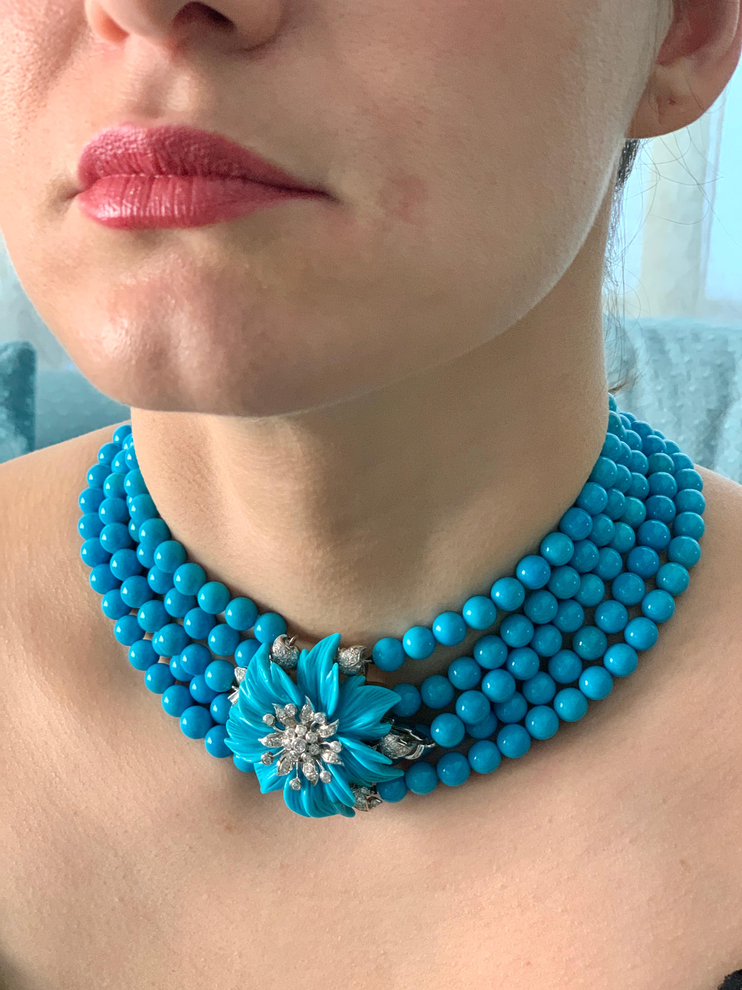 Natural Sleeping Beauty Turquoise Necklace Five Strand & Diamond French Clasp
Natural Sleeping Beauty Turquoise which is very hard to find now. A rare Gem
Necklace 5 strands average 8 MM Beads 
237  Beads and a big flower
One Turquoise Flower with