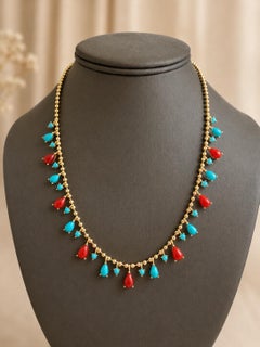 Natural Sleeping Beauty Turquoise Red Coral 14 Karat Gold Ball Chain Necklace