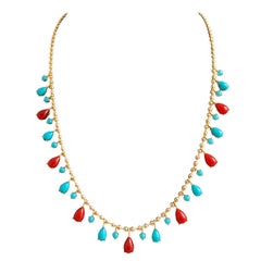Natural Sleeping Beauty Turquoise Red Coral 14 Karat Gold Ball Chain Necklace