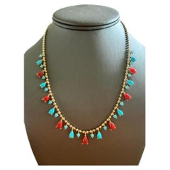Natural Sleeping Beauty Turquoise Red Coral 14 Karat Gold Ball Chain Necklace
