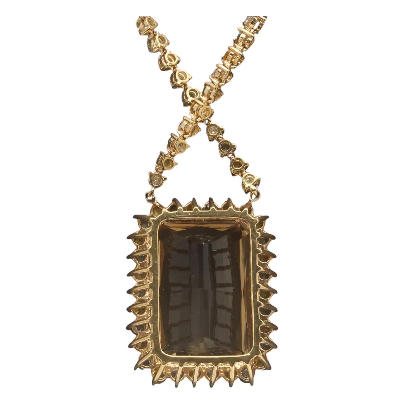 Estate Natural Smokey Quartz, Sapphire and Diamond 14K Solid Yellow Gold Necklace

Amazing looking piece! 

Stamped: 14K


Suggested Replacement Value: $12,500.00 


Natural Emerald Cut Quartz Weights: Approx. 80.00 Carats

Quartz Measures: Approx.