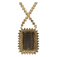 Natural Smokey Quartz, Sapphire and Diamond 14K Solid Yellow Gold Necklace