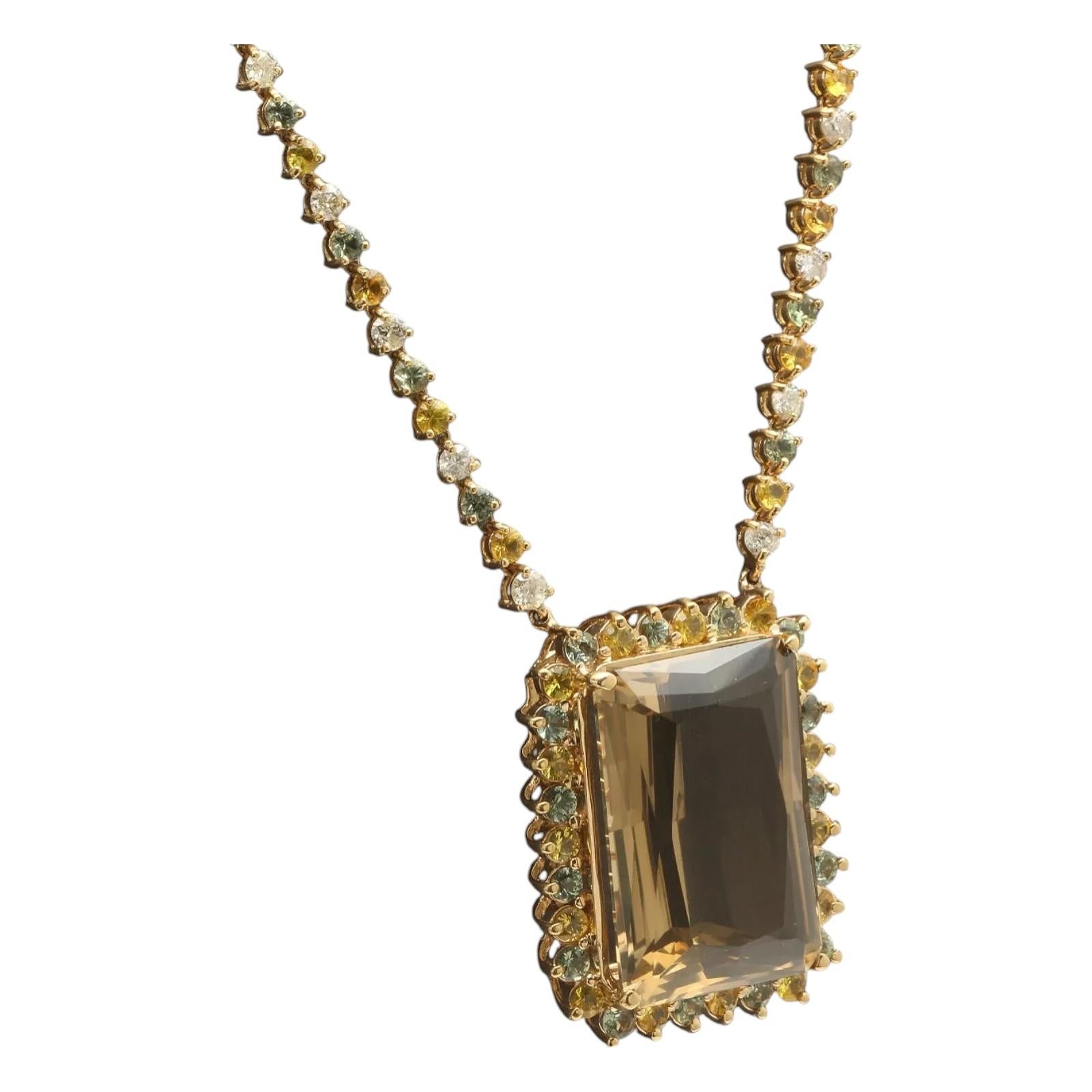 Mixed Cut Natural Smokey Quartz, Sapphire and Diamond 14K Solid Yellow Gold Necklace For Sale
