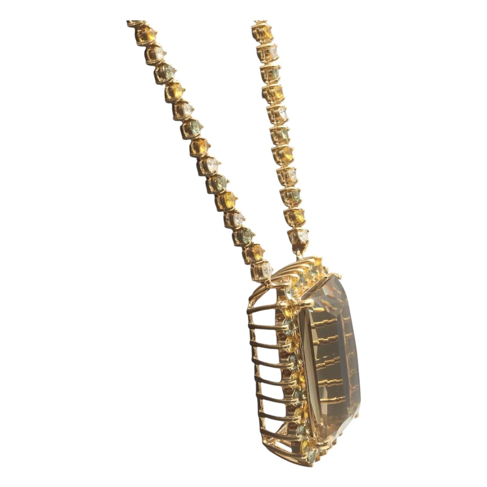 Natural Smokey Quartz, Sapphire and Diamond 14K Solid Yellow Gold Necklace In Excellent Condition For Sale In Los Angeles, CA