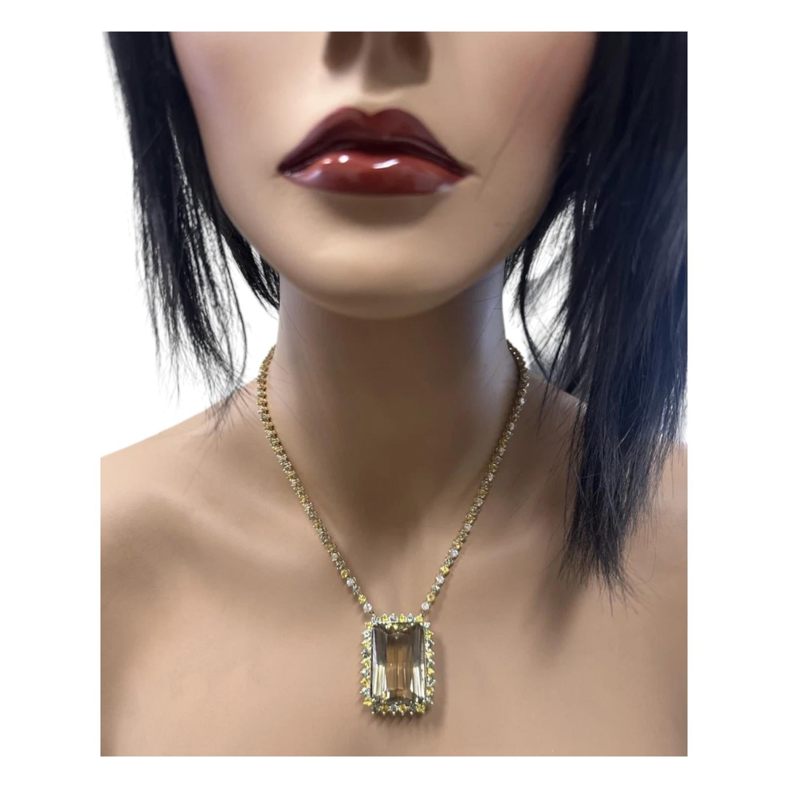 Natural Smokey Quartz, Sapphire and Diamond 14K Solid Yellow Gold Necklace For Sale 1