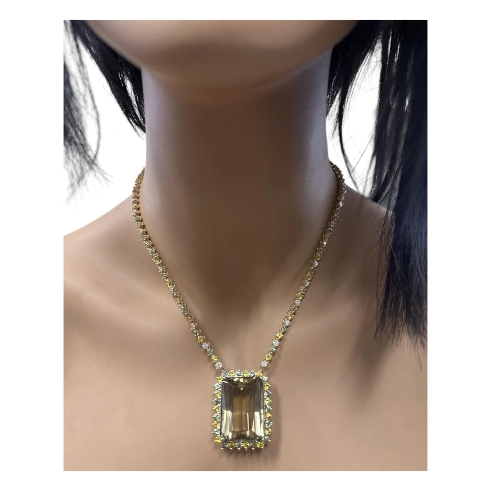 Natural Smokey Quartz, Sapphire and Diamond 14K Solid Yellow Gold Necklace For Sale 2
