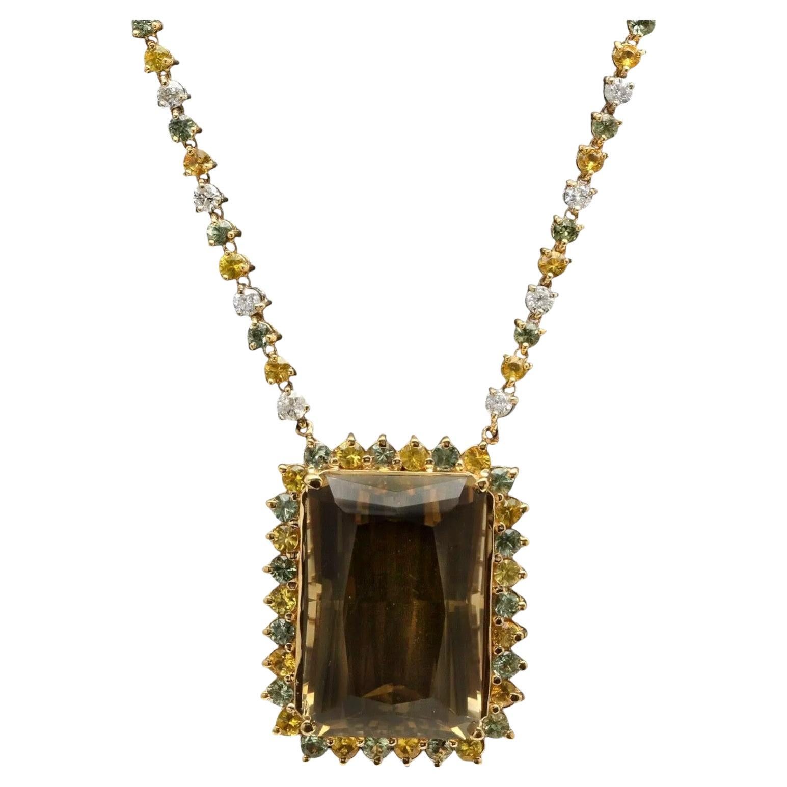 Natural Smokey Quartz, Sapphire and Diamond 14K Solid Yellow Gold Necklace