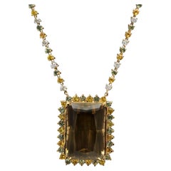 Natural Smokey Quartz, Sapphire and Diamond 14K Solid Yellow Gold Necklace