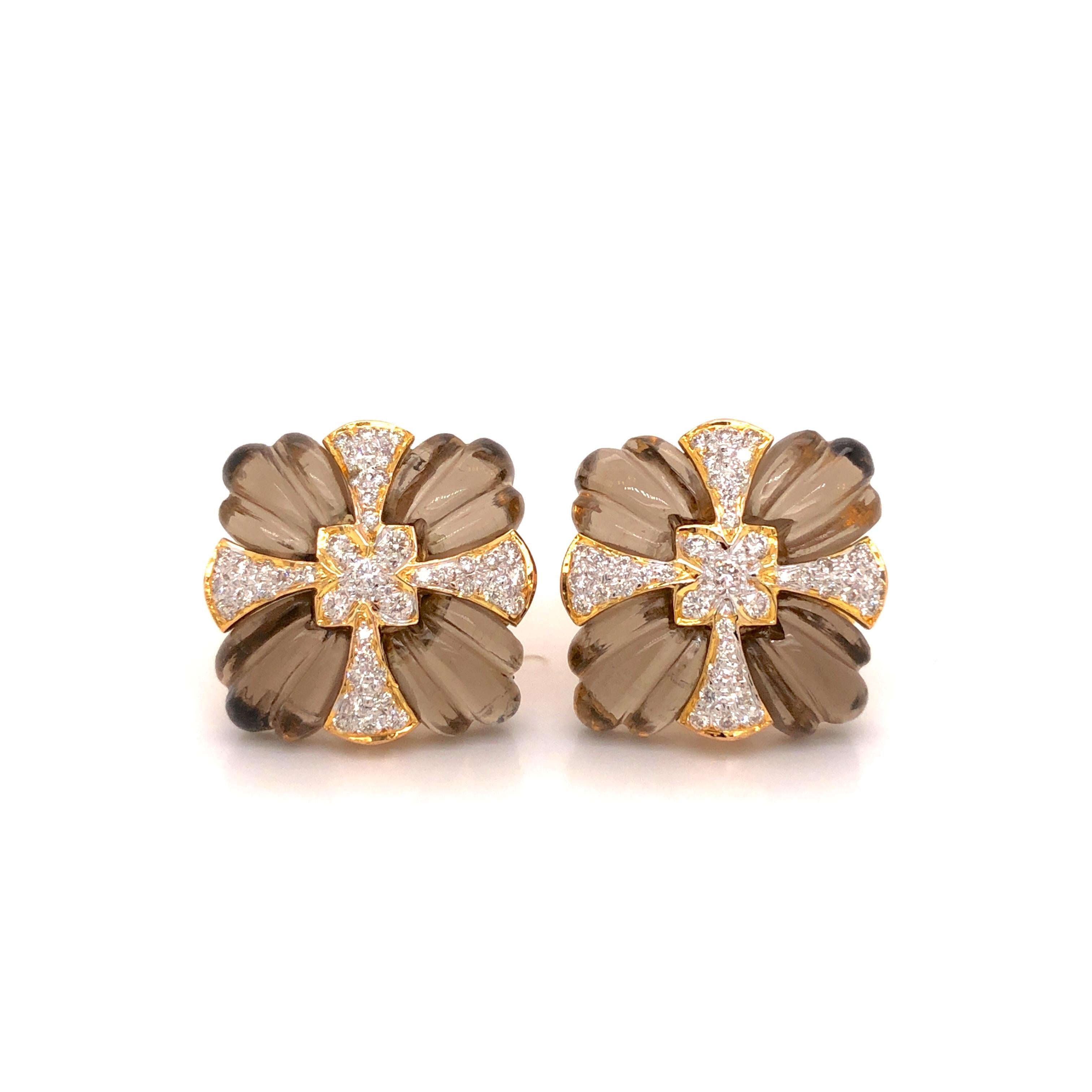 Mixed Cut Natural Smoky Quartz Carving with Diamond Studs Earring in 18 Karat Gold For Sale