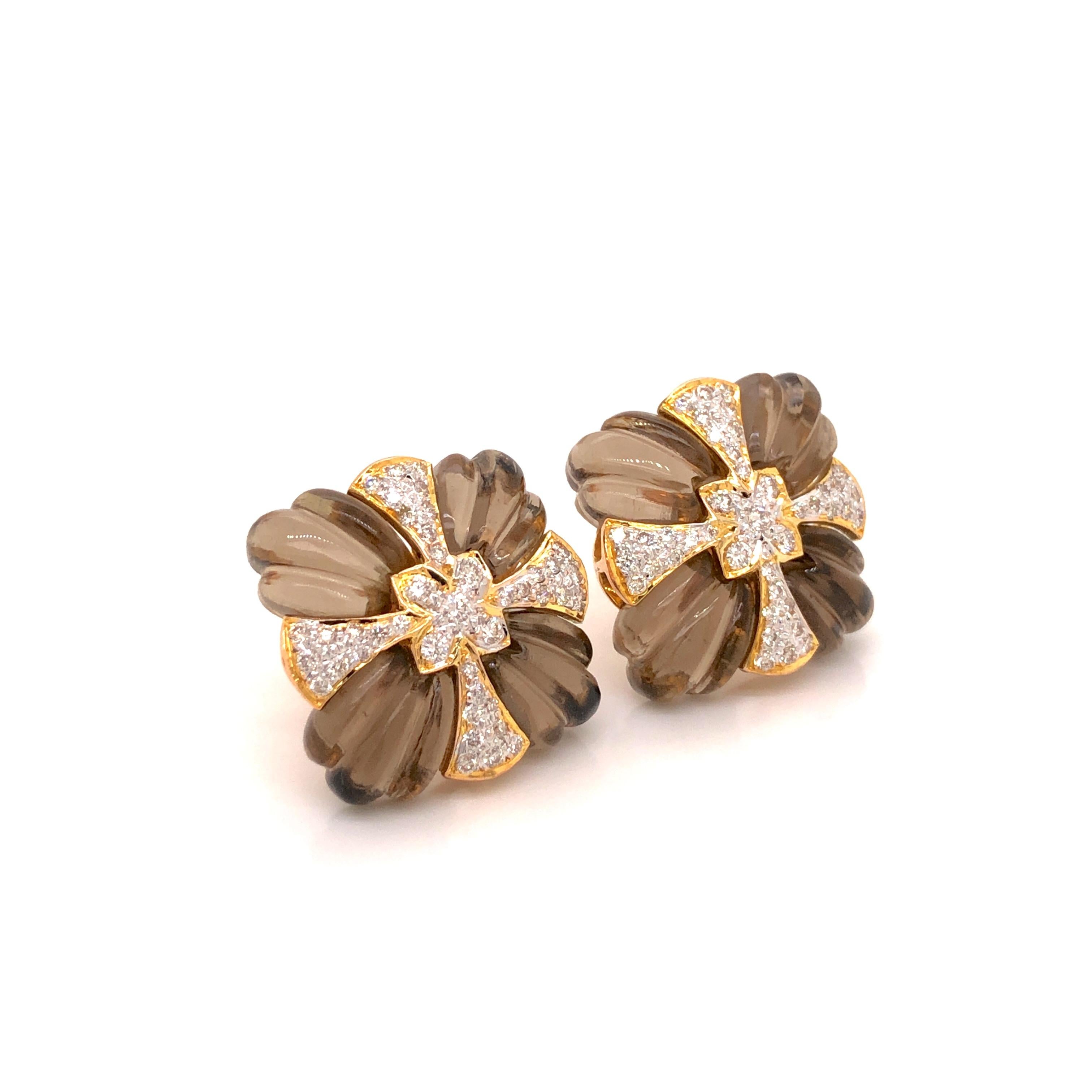 Natural Smoky Quartz Carving with Diamond Studs Earring in 18 Karat Gold In New Condition For Sale In Jaipur, Rajasthan