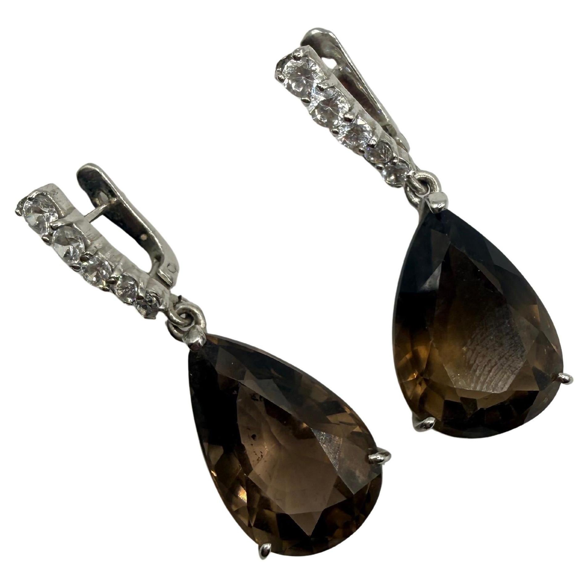 Boucles d'oreilles en Quartz fumé naturel argent 925 boucles d'oreilles cocktail longues pendantes en vente