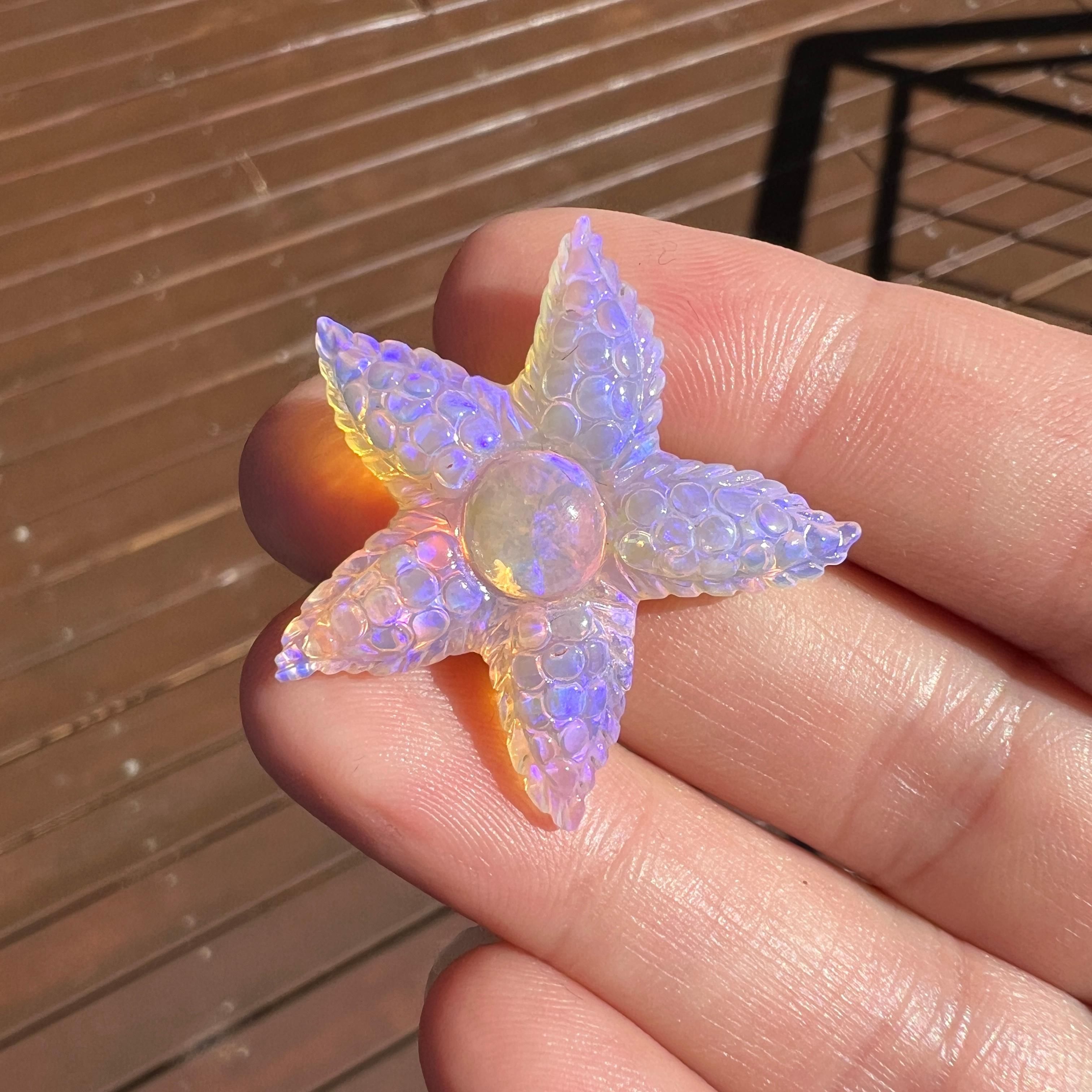 This beautiful 21.67 Ct Australian gem crystal opal, carved into a large starfish, is a truly exceptional addition to any collection, mined by Sue Cooper herself. Its rarity, coupled with the amazing starfish carving, captivates connoisseurs with