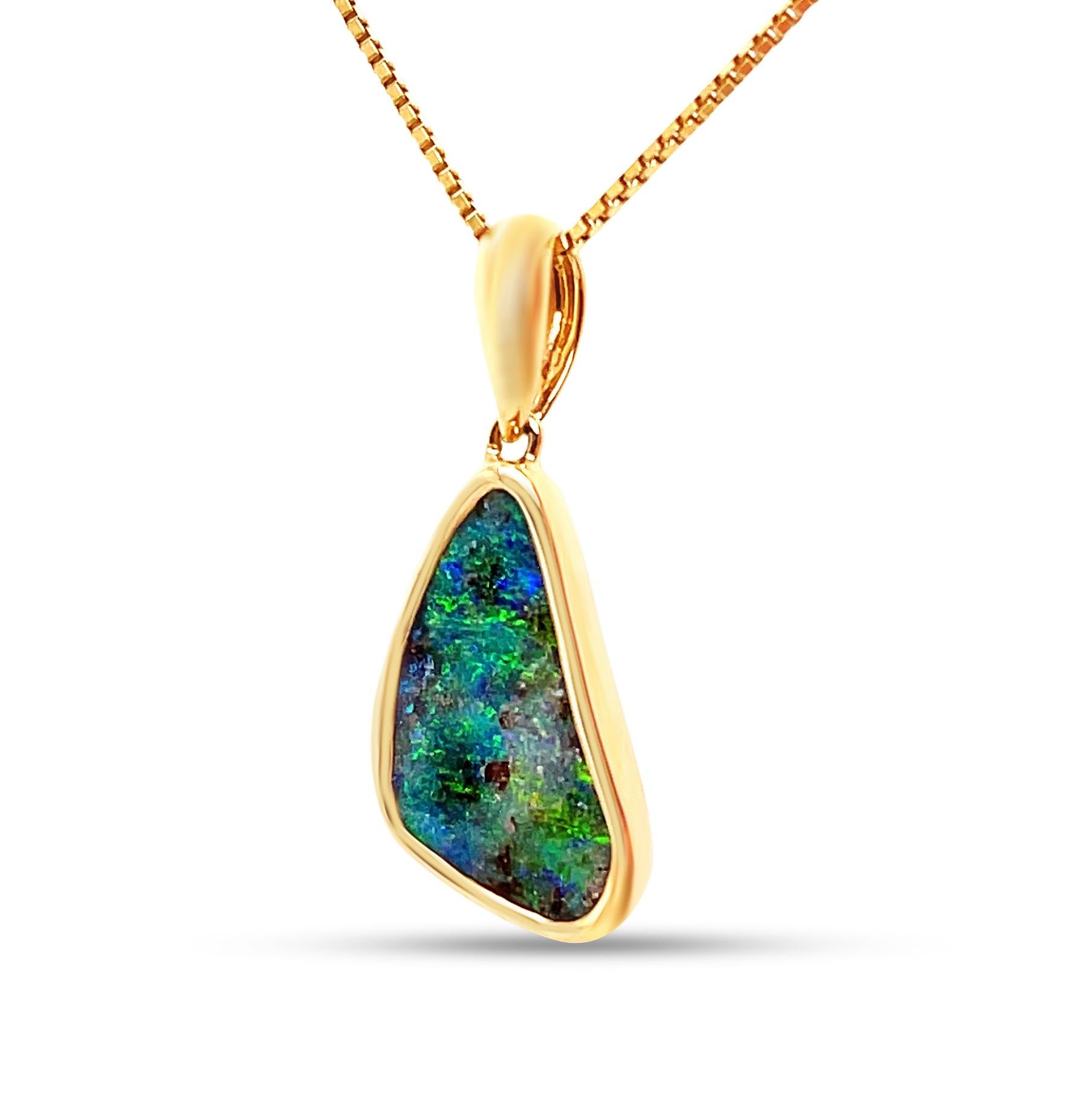 Cabochon Natural Solid Australian 4.46ct Boulder Opal Pendant Necklace in 18k Yellow Gold