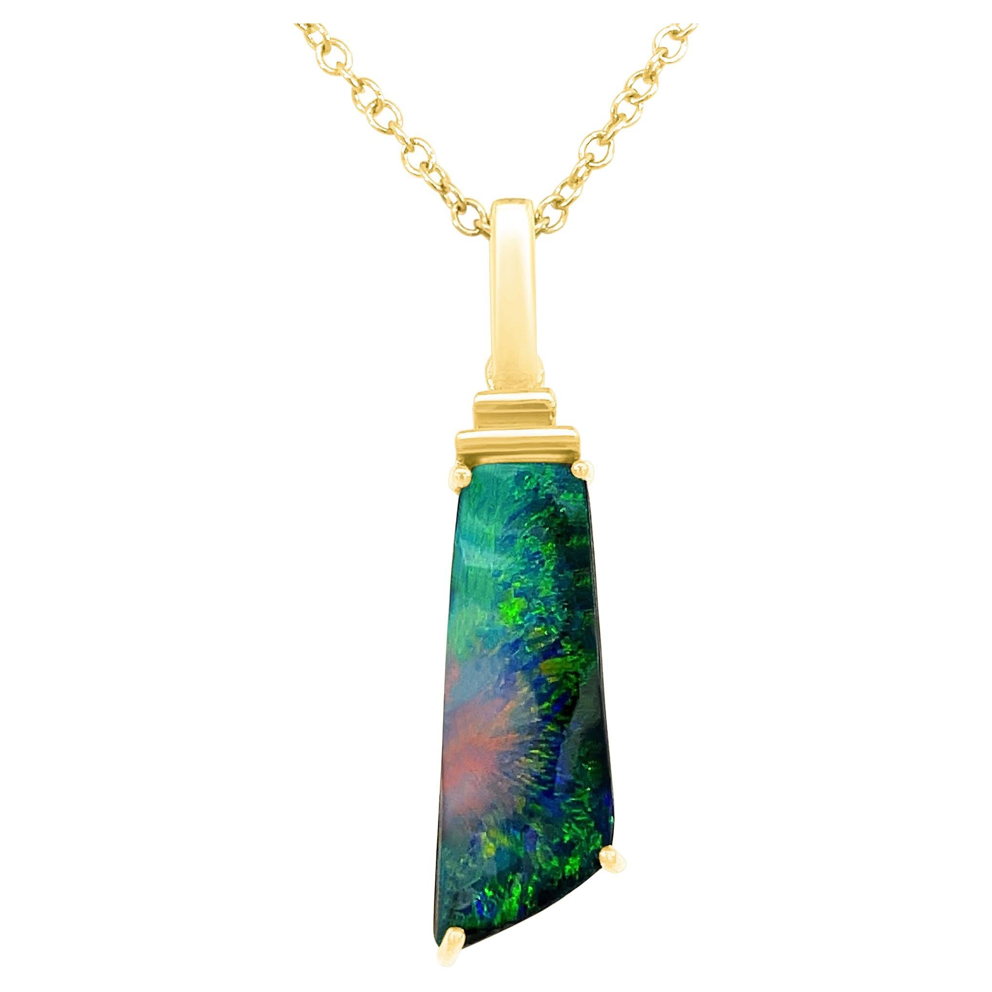 Natural Solid Australian 8.46ct Boulder Opal Pendant Necklace in 18k Yellow Gold For Sale