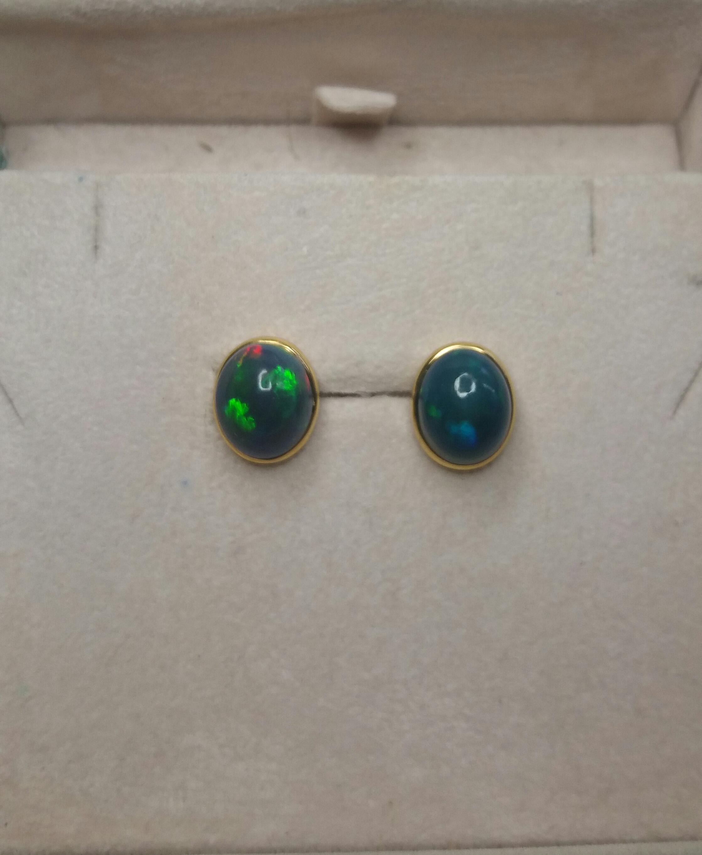 Natural Solid Black Opal Oval Cabs 14 Karat Yellow Gold Stud Earrings For Sale 4