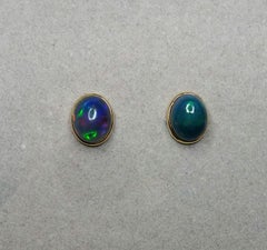 Natural Solid Black Opal Oval Cabs 14 Karat Yellow Gold Stud Earrings