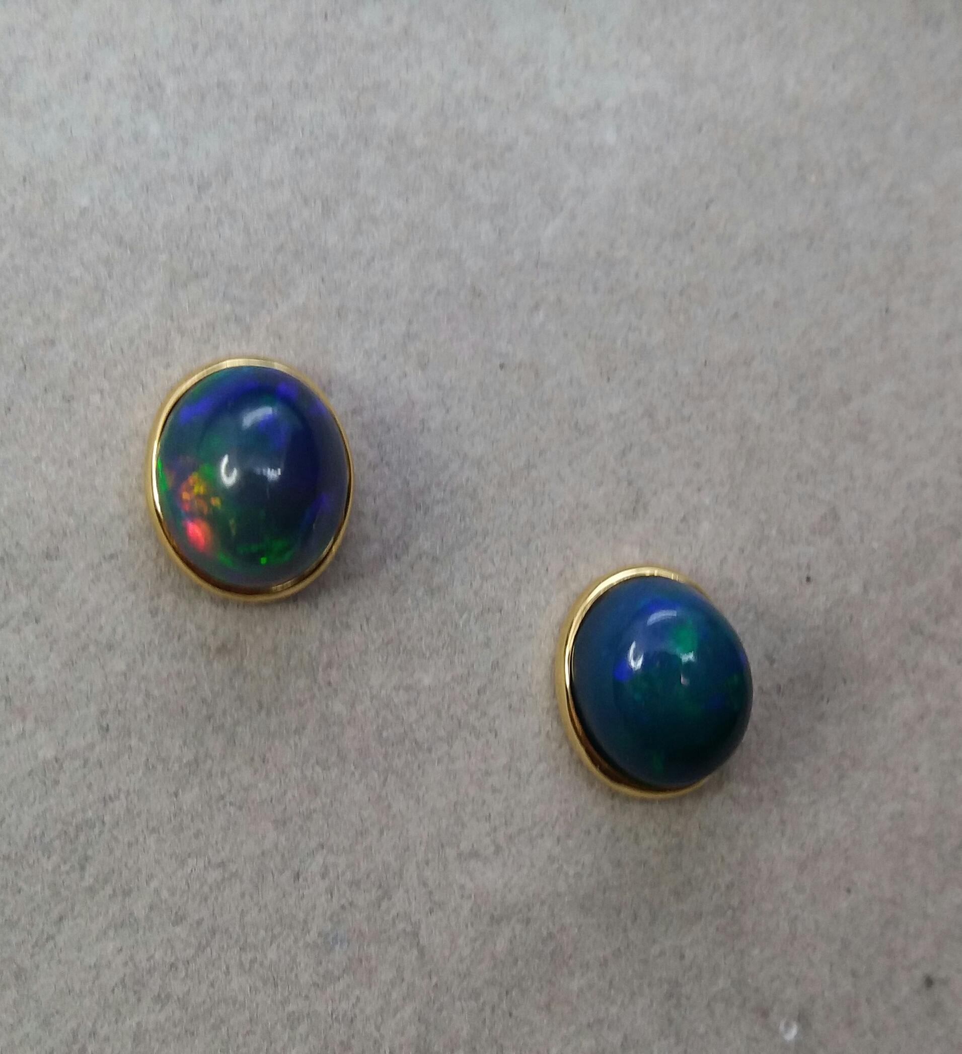 Cabochon Natural Solid Black Opal Oval Cabs 14 Karat Yellow Gold Stud Earrings