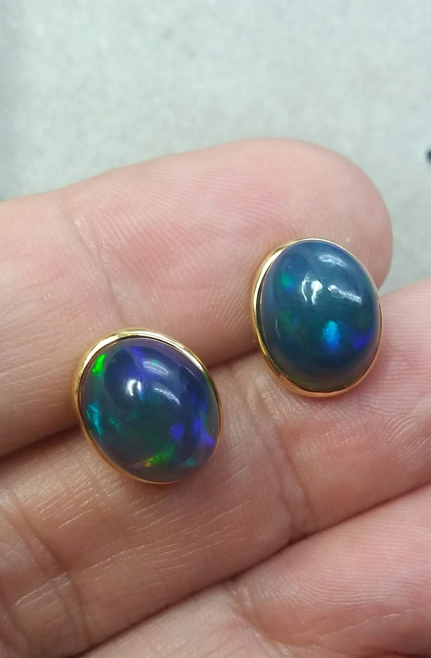 Women's Natural Solid Black Opal Oval Cabs 14 Karat Yellow Gold Stud Earrings
