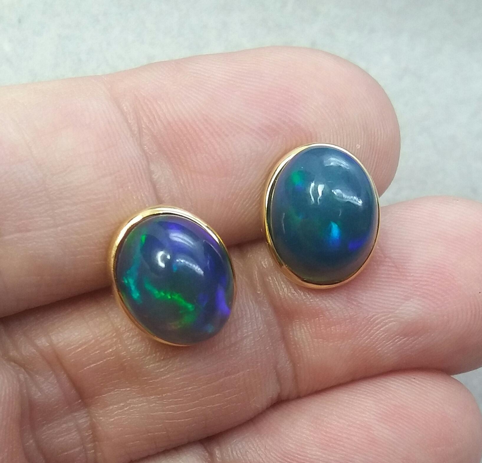 Natural Solid Black Opal Oval Cabs 14 Karat Yellow Gold Stud Earrings 1