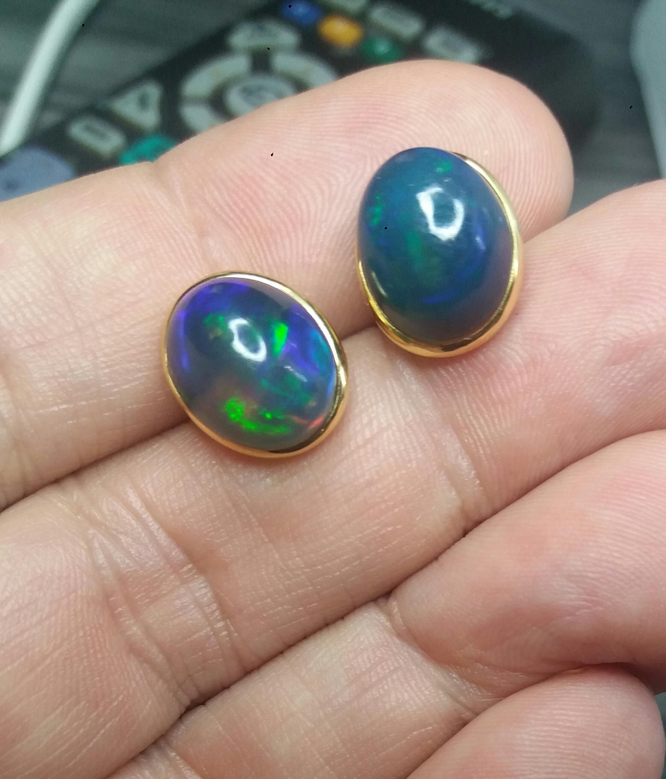 Natural Solid Black Opal Oval Cabs 14 Karat Yellow Gold Stud Earrings 2
