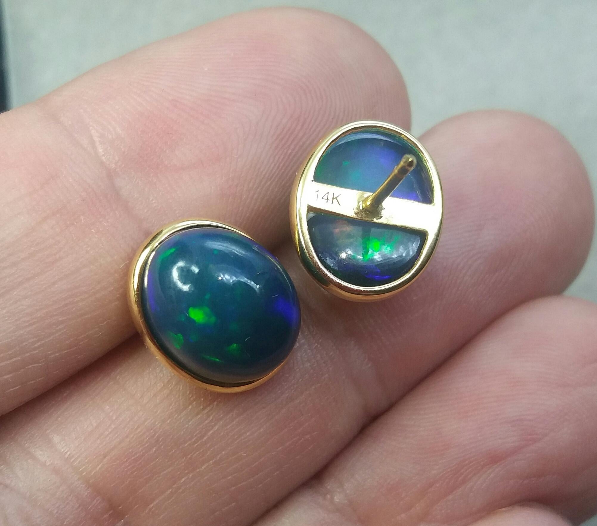 Natural Solid Black Opal Oval Cabs 14 Karat Yellow Gold Stud Earrings For Sale 3