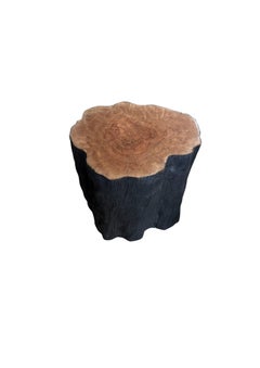 Natural Solid Lychee Wood Side Table Charred & Natural Finish, Modern Organic