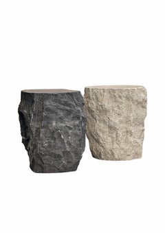 Natural Solid Marble Side Table Chiselled Finish, Smooth Top, Modern Organic